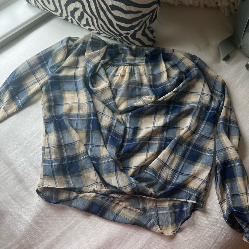 Blue and Beige Plaid Wrap Top